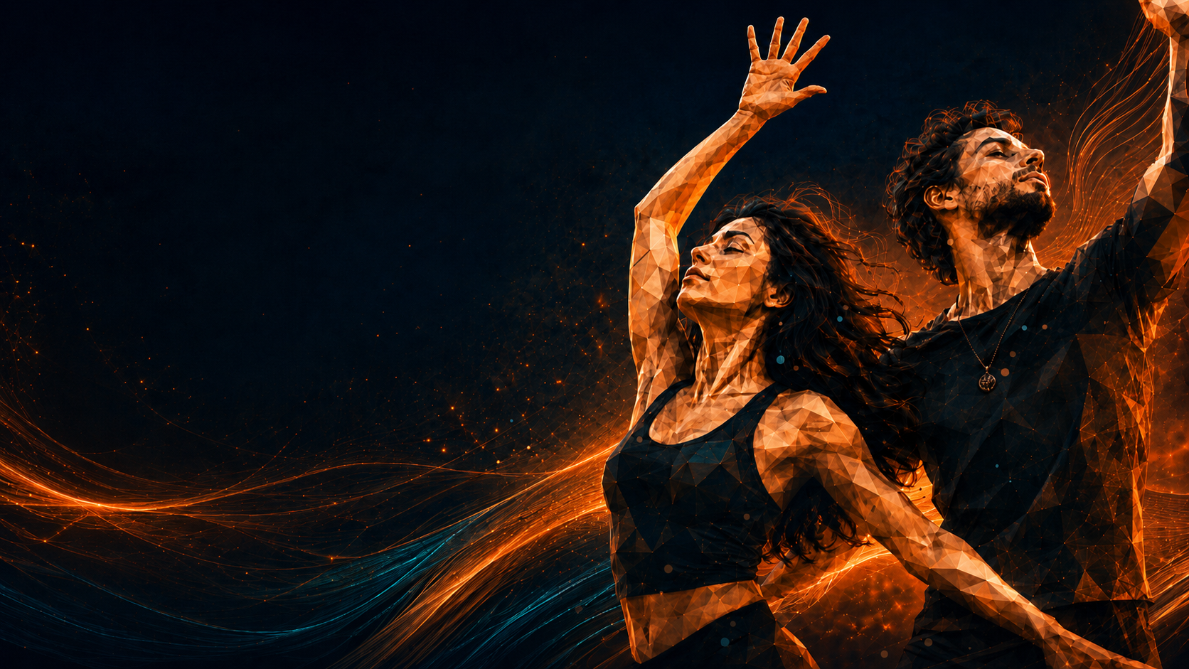 Two dancers reaching upward in orange light
