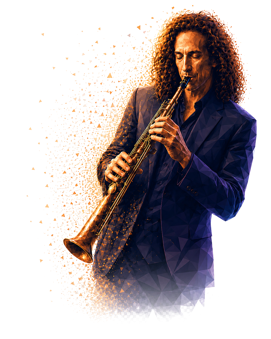 Kenny G playing soprano saxophone in low-poly
