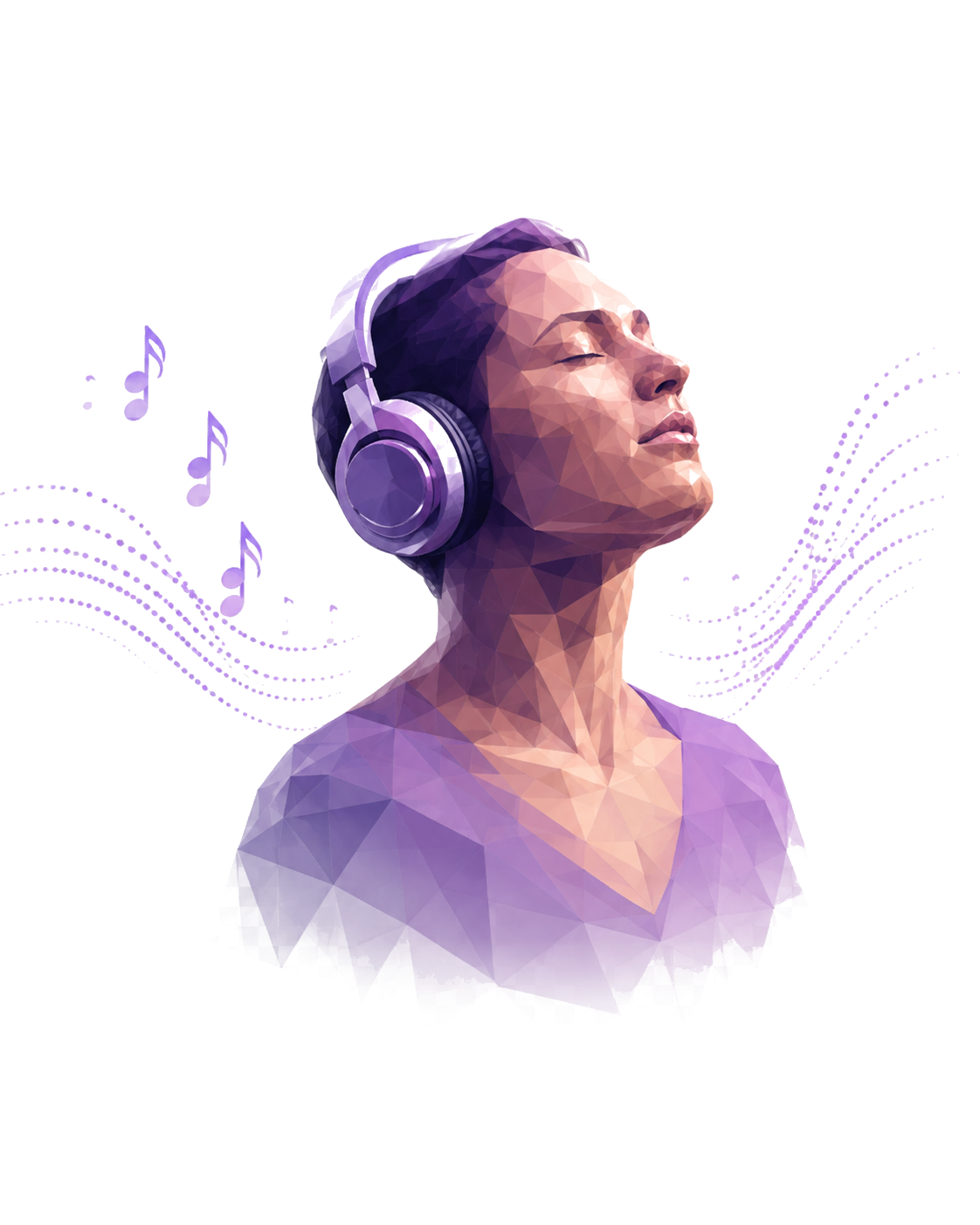 Listener in headphones amid sound waves